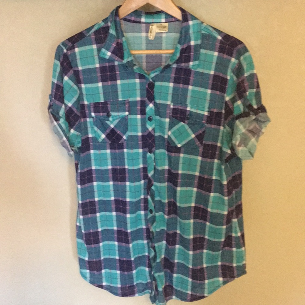 Teal/Purple/Pink and White Plaid Short Sleeve